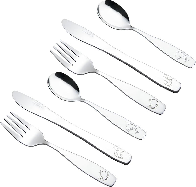 Exzact Children Flatware 6pcs, Stainless Steel Kids Silverware Toddler, Dishwasher Safe, BPA Free, 24M+, Engraved Ocean Creatures Dolphin, Turtle, Whale - Image 2